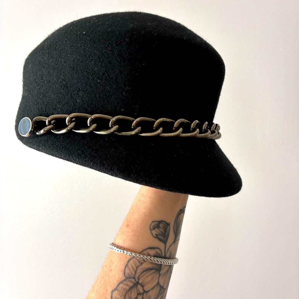 Saks Fifth Avenue Black Wool Chain Trim Bucket Hat